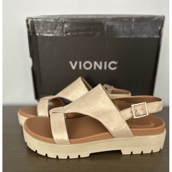 Vionic Leather Comfort Sandals, Alondra Lug, Gold Size 10 – New in Box - Picture 2 of 11